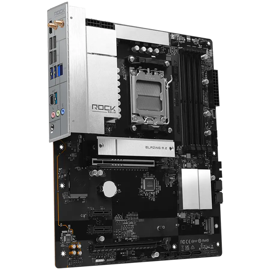 ASROCK MB Desktop B850 Rock WiFi 7, AM5, 4x DDR5, 1x PCIe 5.0 x16, 1x PCIe 4.0 x16, 1x Blazing M.2, 1x Hyper M.2, 4x SATA3, RAID 0, 1, 10, 7.1 CH HD Audio, 1x HDMI, 8x USB 3.2, 8x USB 2.0, 2x USB-C, 2.5G LAN, 2x Wi-Fi 7, BT, 1x HDMI, 1x SPDIF, ATX — 3