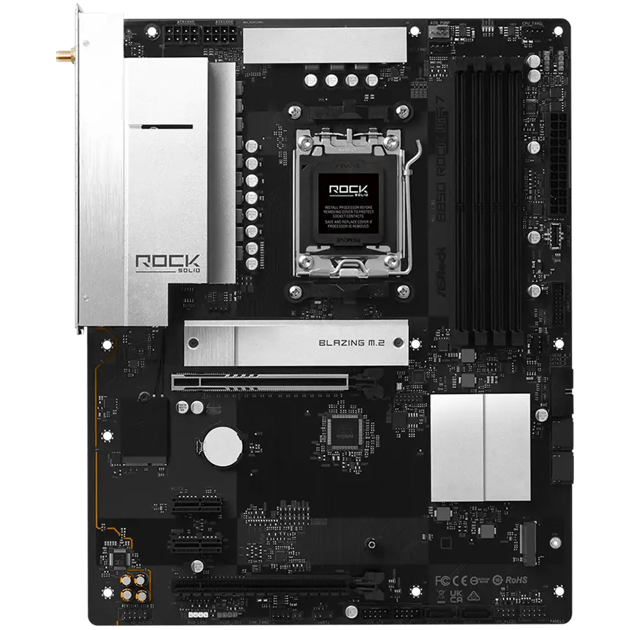 ASROCK MB Desktop B850 Rock WiFi 7, AM5, 4x DDR5, 1x PCIe 5.0 x16, 1x PCIe 4.0 x16, 1x Blazing M.2, 1x Hyper M.2, 4x SATA3, RAID 0, 1, 10, 7.1 CH HD Audio, 1x HDMI, 8x USB 3.2, 8x USB 2.0, 2x USB-C, 2.5G LAN, 2x Wi-Fi 7, BT, 1x HDMI, 1x SPDIF, ATX — 2