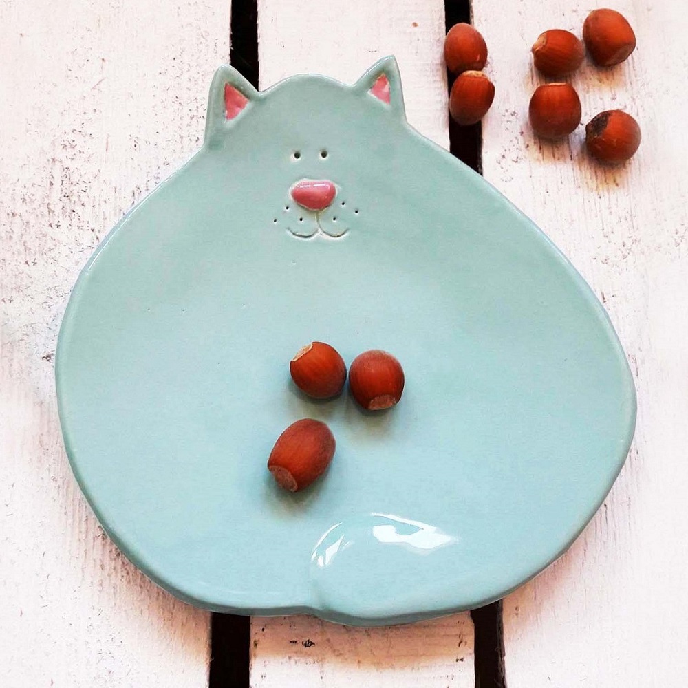 Talerzyk ceramiczny deserowy miętowy kot - Rękodzieło na prezent - Lamabo — 2