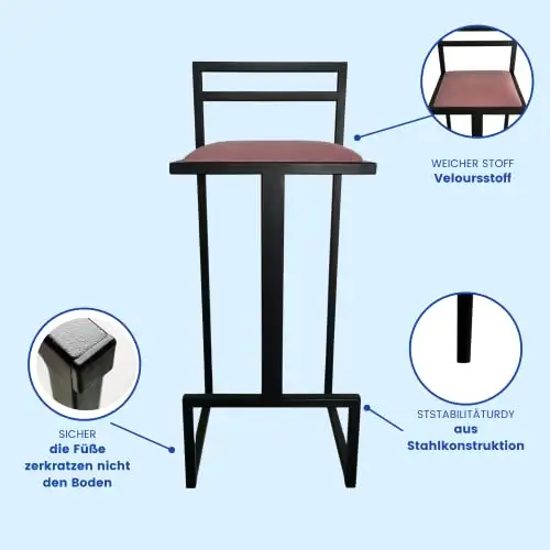 RoKo design Barhocker mit Lehne | Extra Hoch Metallkonstruktion für Esszimmer, Küche, Theke, Bar (Wildleder, Weiss) — 10