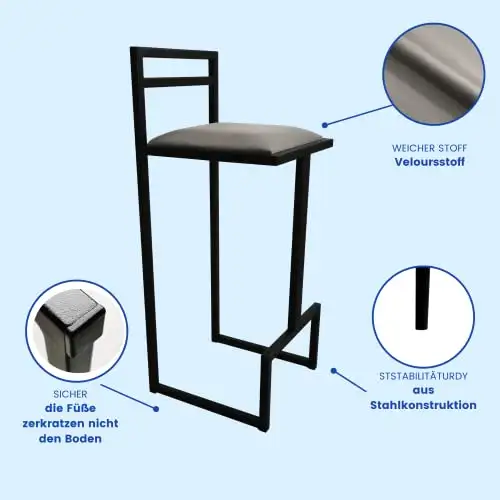 RoKo design Barhocker mit Lehne | Extra Hoch Metallkonstruktion für Esszimmer, Küche, Theke, Bar (Wildleder, Grau) — 5