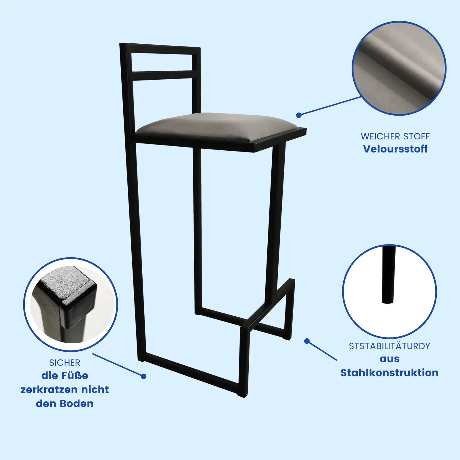 RoKo design Industrieller Barhocker Linus Serie 2-er Set | Barsessel mit Fußstütze und kratzfester Oberfläche | Barstühle Küche | 2 im Set (schwarz Wildleder) — 12