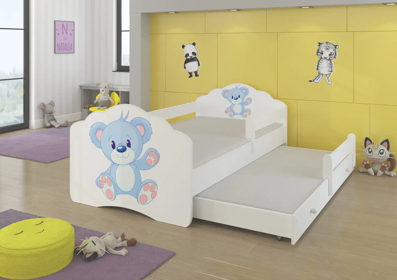 Łóżko podwójne z barierką i materacami CASIMO II BLUE BEAR 160x80