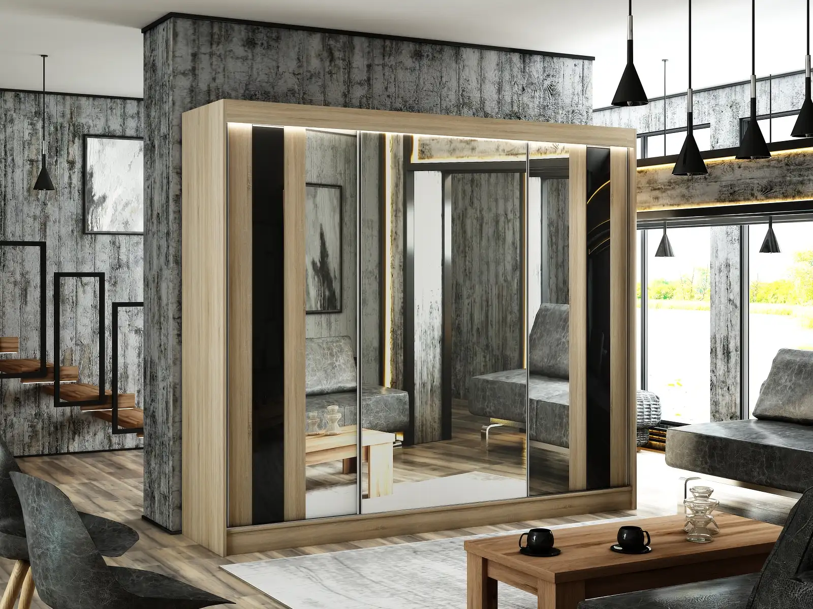Szafa przesuwna Como Dąb sonoma + front dąb sonoma + lacobel czarny 250 Arton