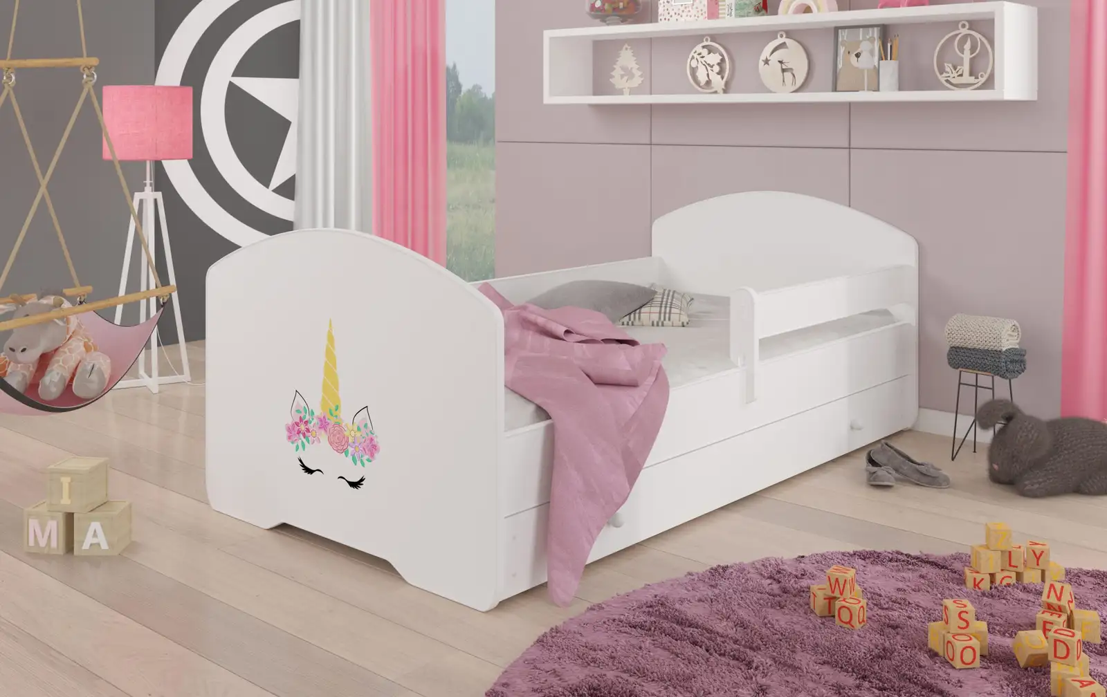 Łóżko z materacem, barierką i szufladą PEPE UNICORN 160x80