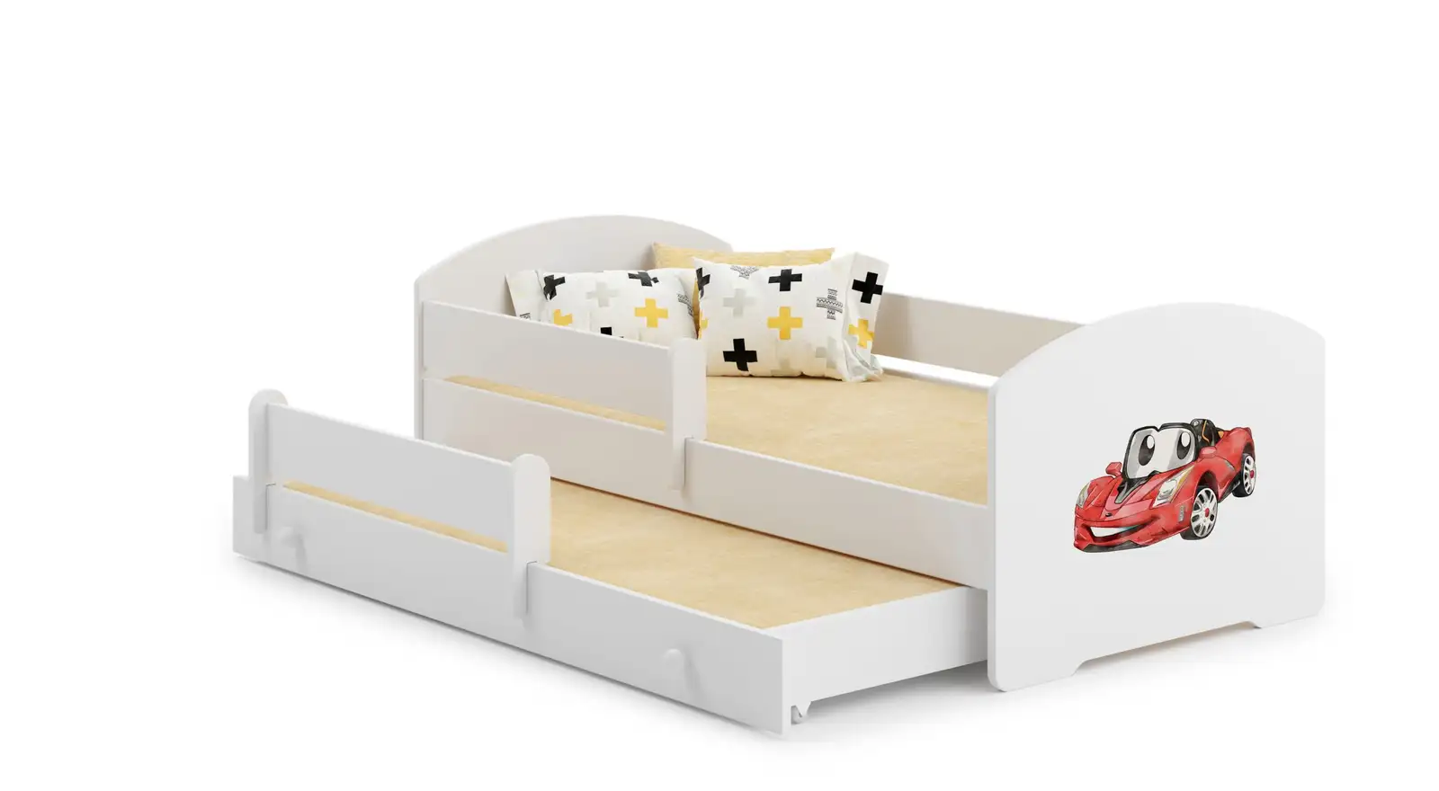 Łóżko podwójne z barierką i materacami PEPE II RED CAR 160x80 — 2