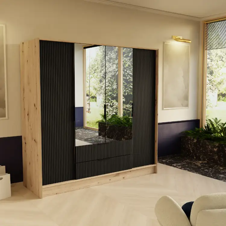 Szafa Noe ryflowana + lustro Dąb Artisan + czarny 200 Arton — 2