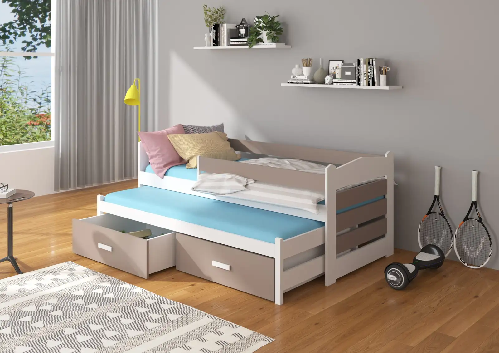 Łóżko podwójne z barierką i materacami TIARRO 180x80