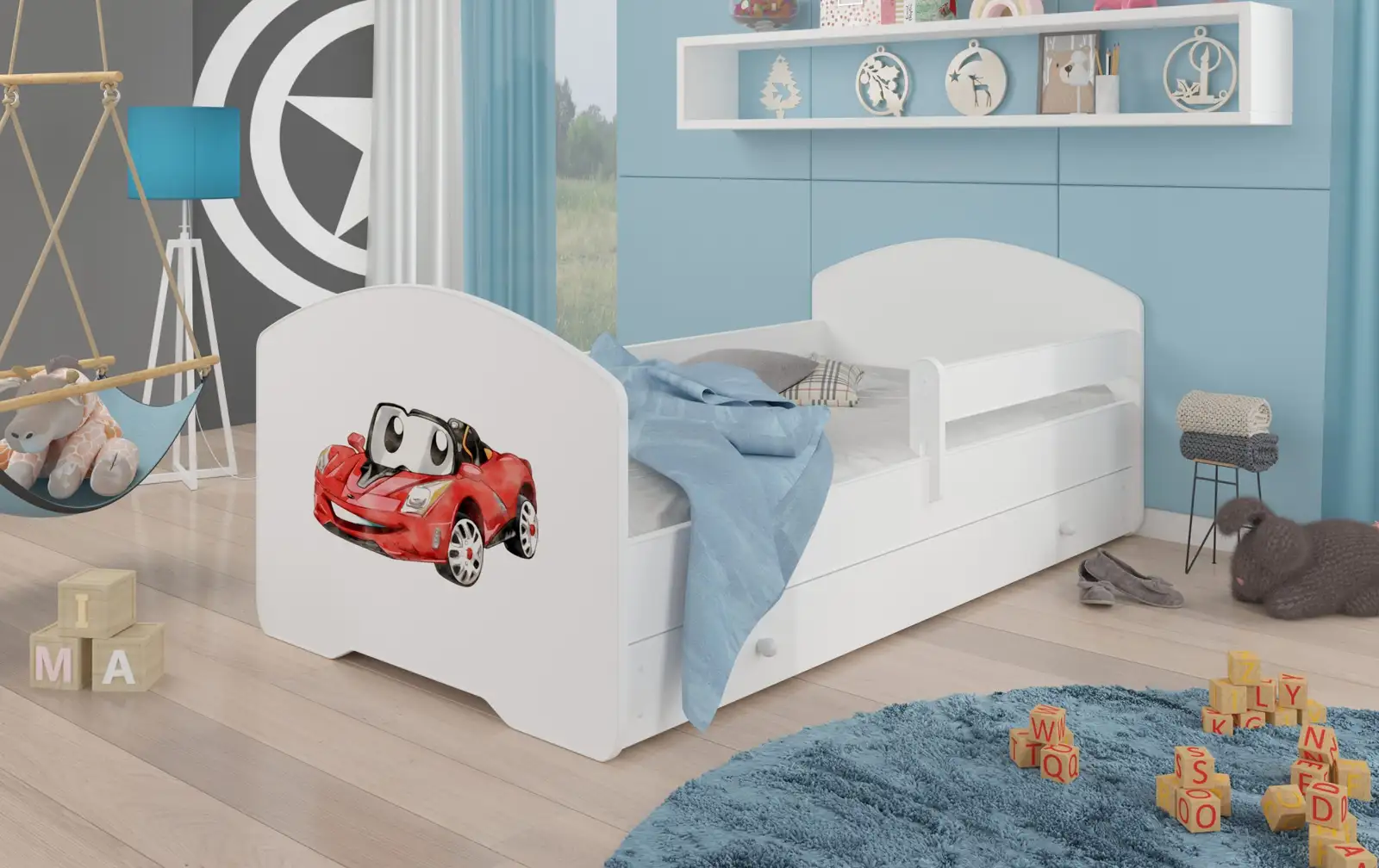 Łóżko z materacem, barierką i szufladą PEPE RED CAR 160x80