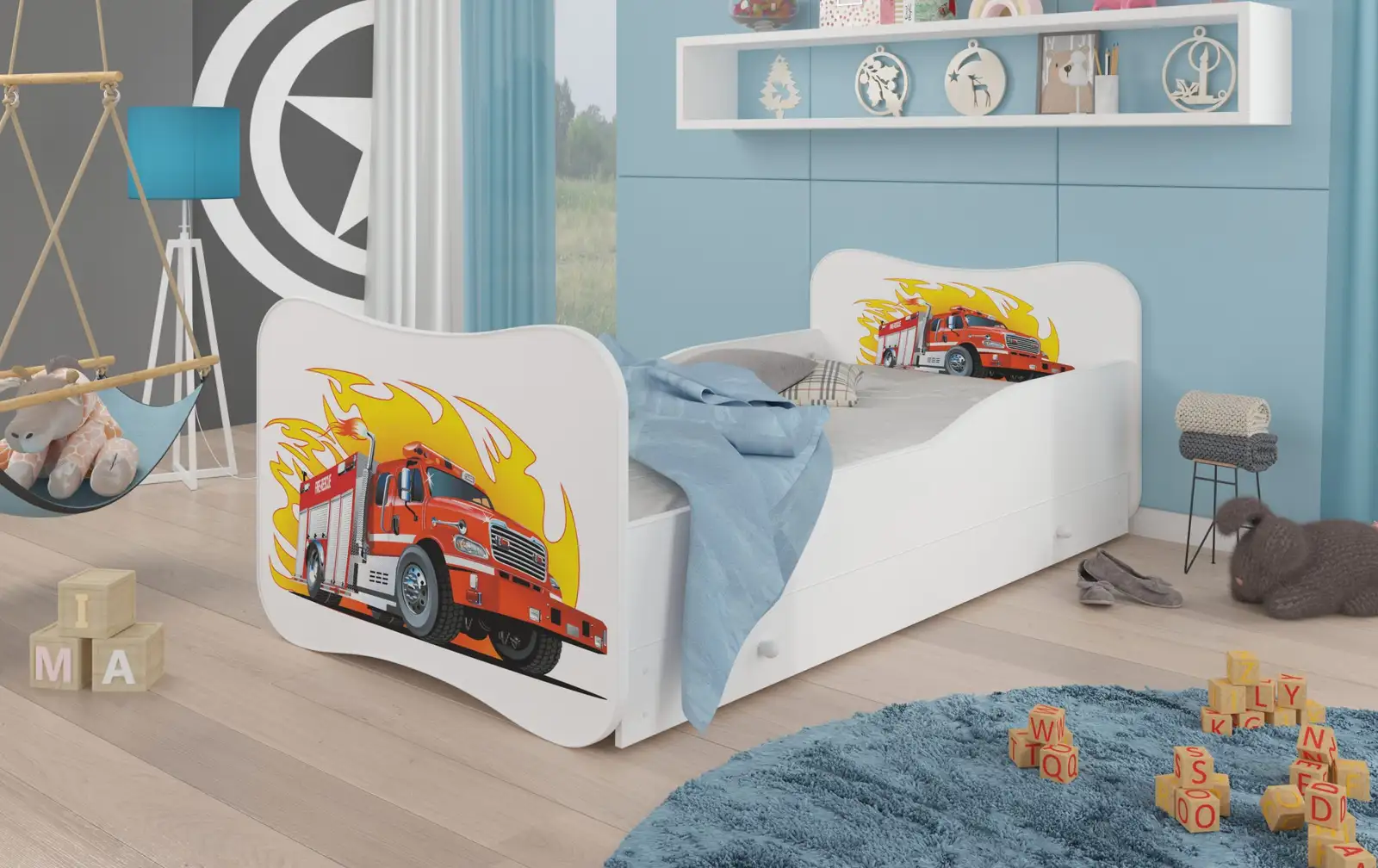 Łóżko z materacem i szufladą GONZALO FIRETRUCK 160x80