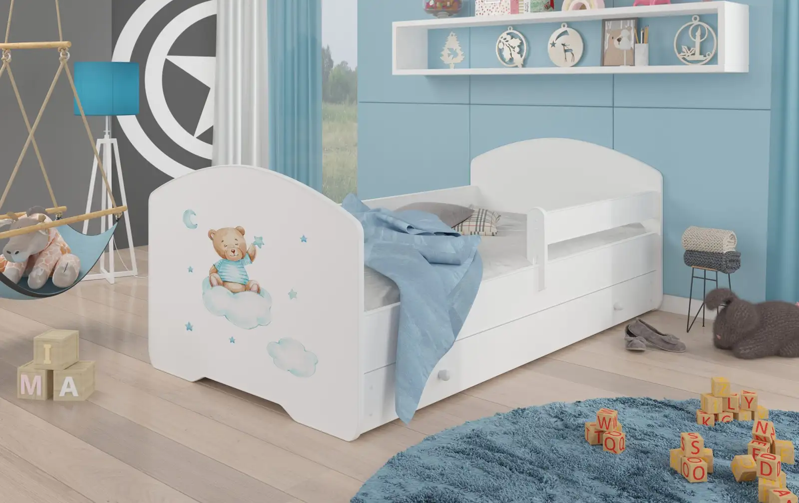 Łóżko z materacem, barierką i szufladą PEPE TEDDY BEAR AND CLOUD 160x80