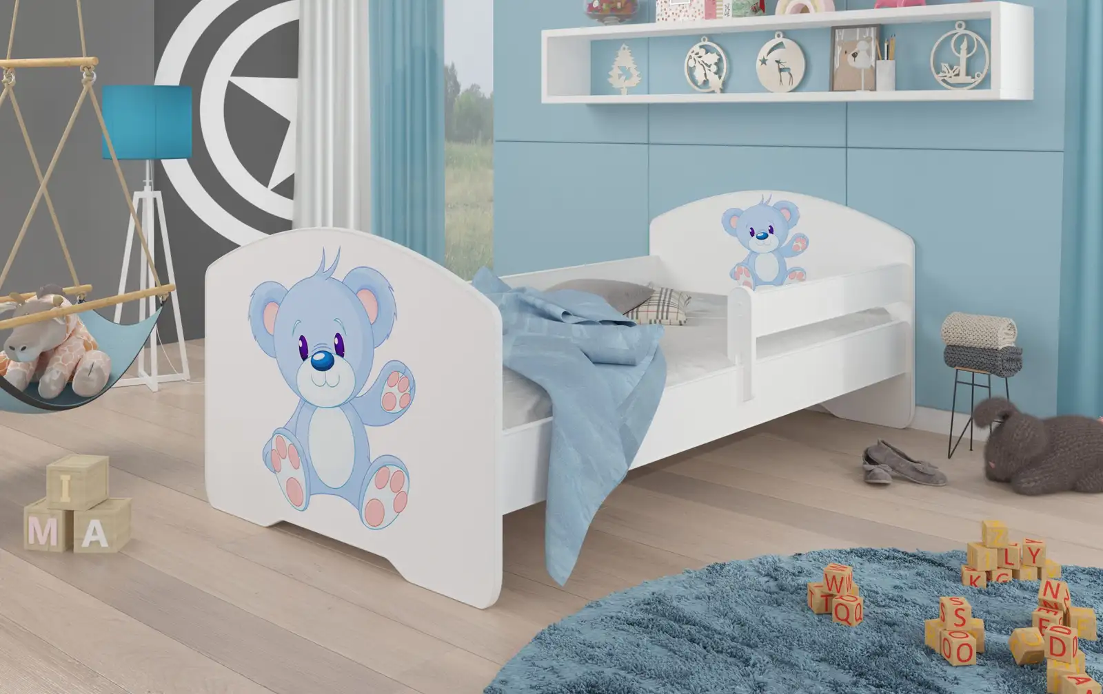 Łóżko z materacem i barierką PEPE BLUE BEAR 160x80