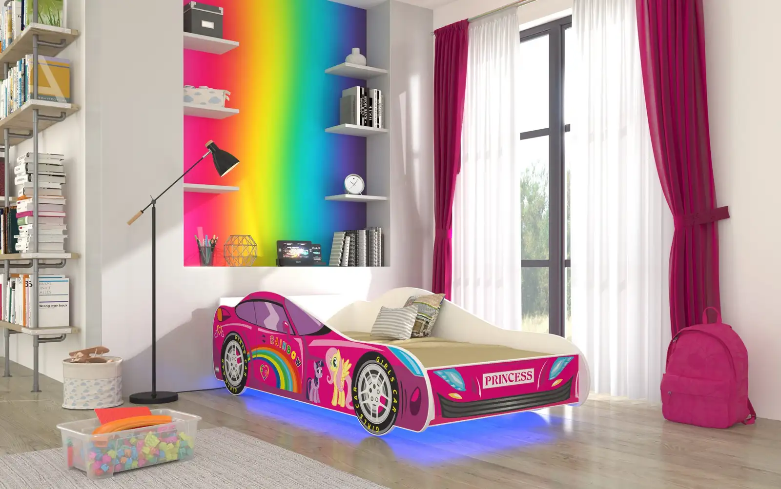 Łóżko z materacem i oświetleniem LED CAR PINK 160x80