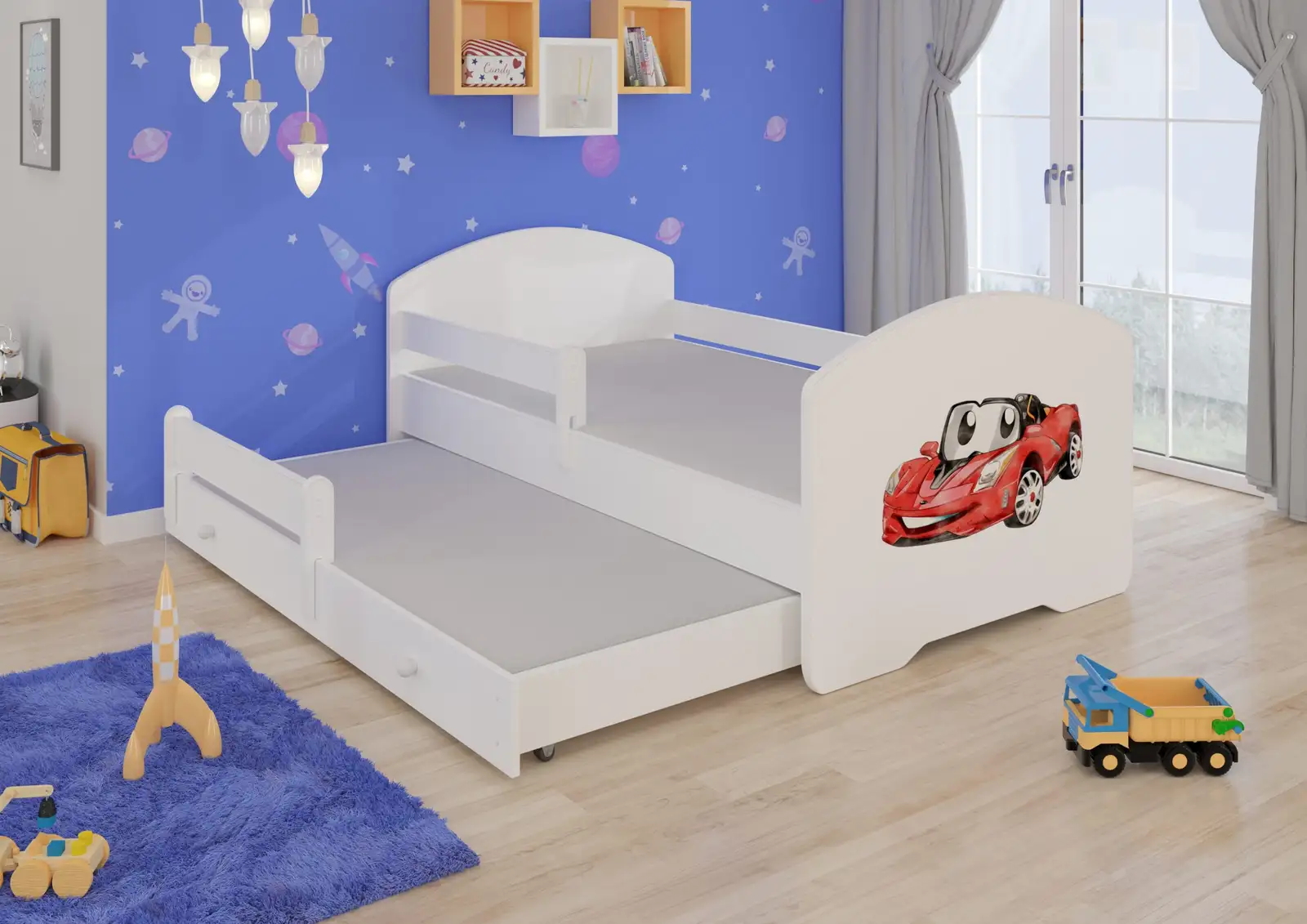 Łóżko podwójne z barierką i materacami PEPE II RED CAR 160x80