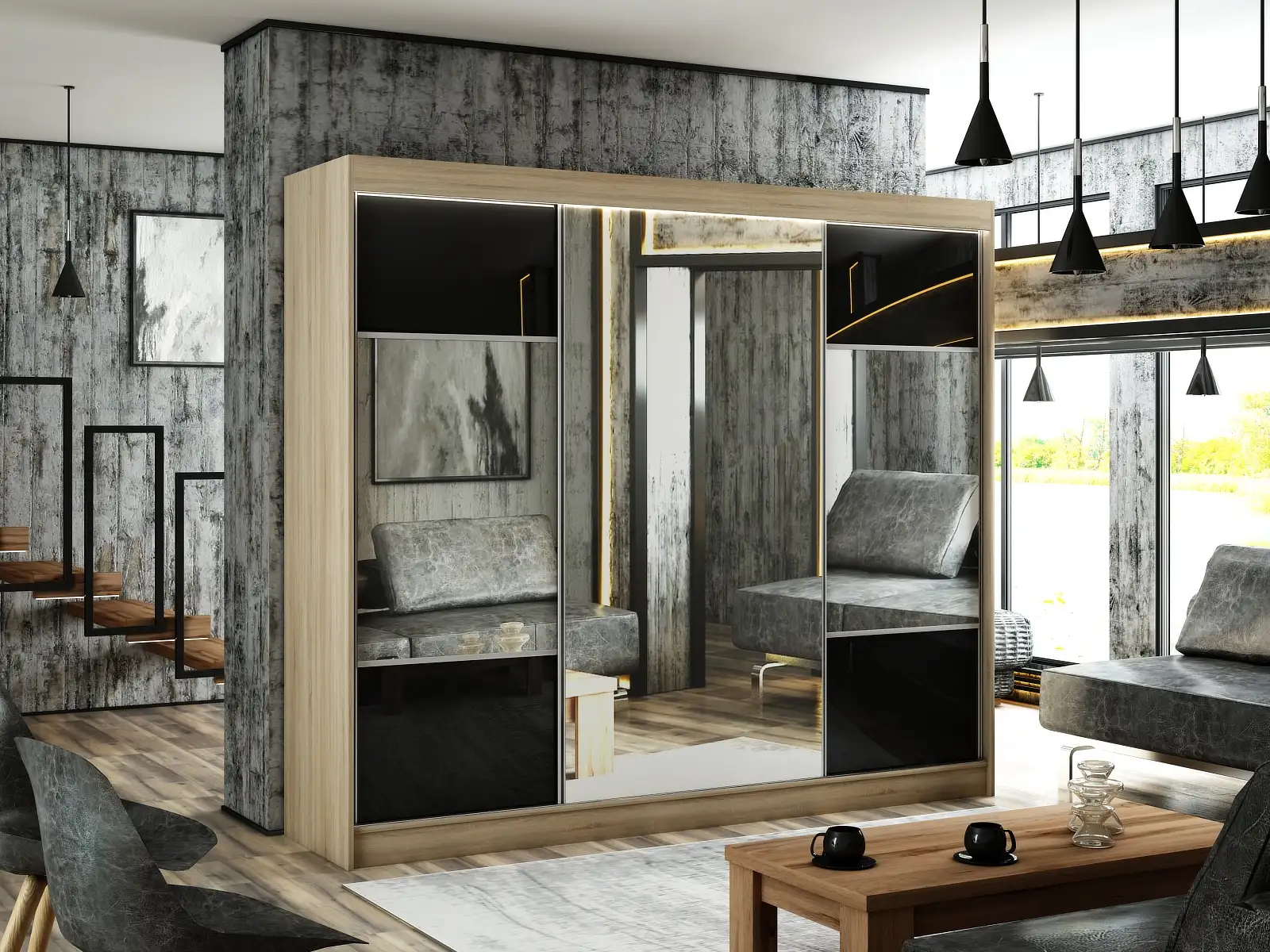 Szafa przesuwna Rico Dąb Sonoma + lustro + lacobel czarny 250 Arton