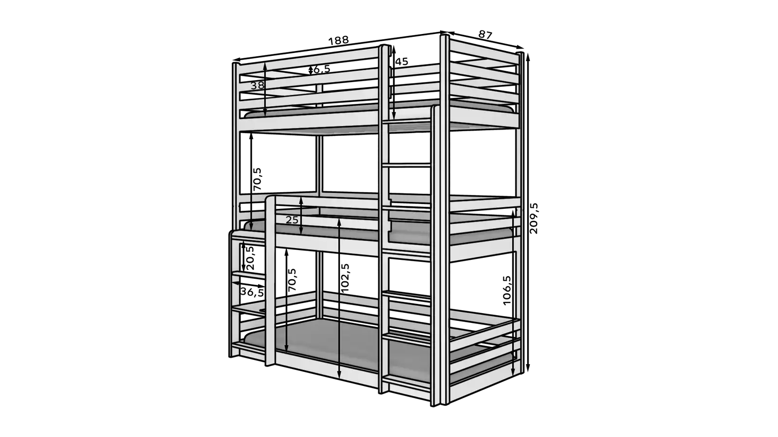Łóżko piętrowe trzyosobowe z materacami TEDRO 180x80 — 3