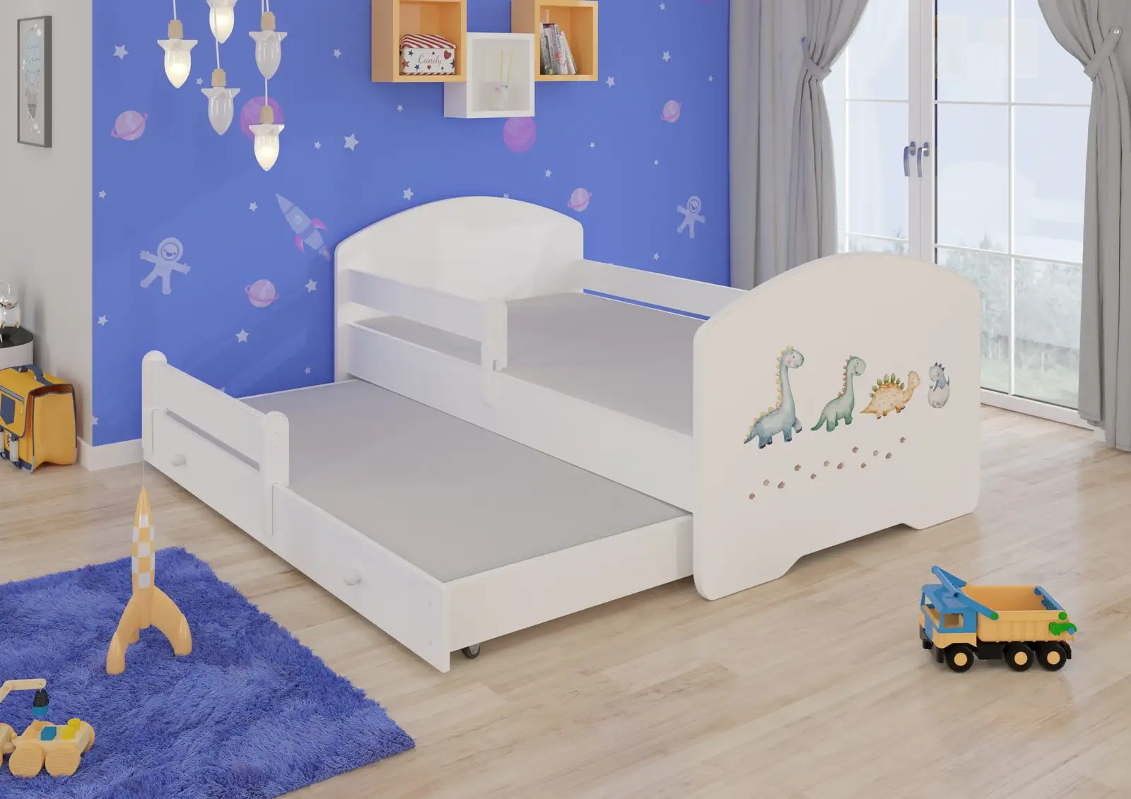 Łóżko podwójne z barierką i materacami PEPE II DINOSAURS 160x80
