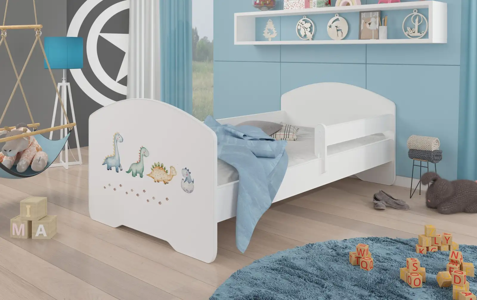 Łóżko z materacem i barierką PEPE DINOSAURS 140x70