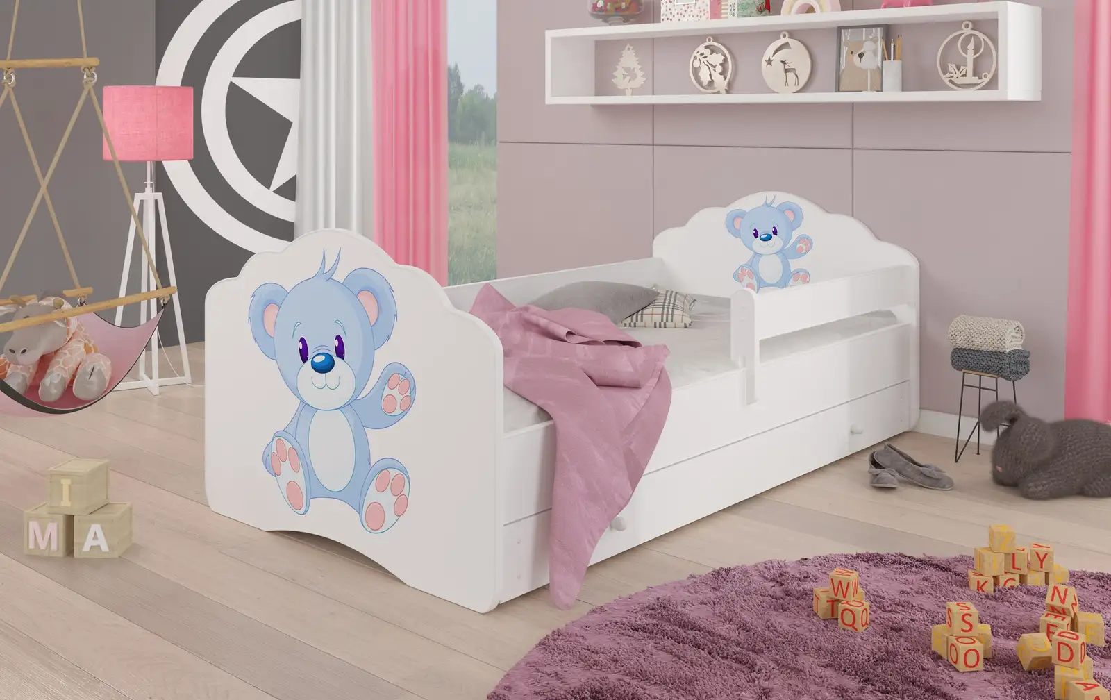 Łóżko z materacem, barierką i szufladą CASIMO BLUE BEAR 160x80