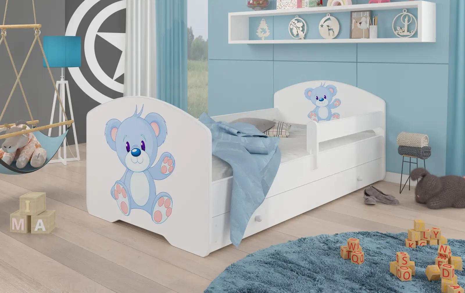 Łóżko z materacem, barierką i szufladą PEPE BLUE BEAR 160x80