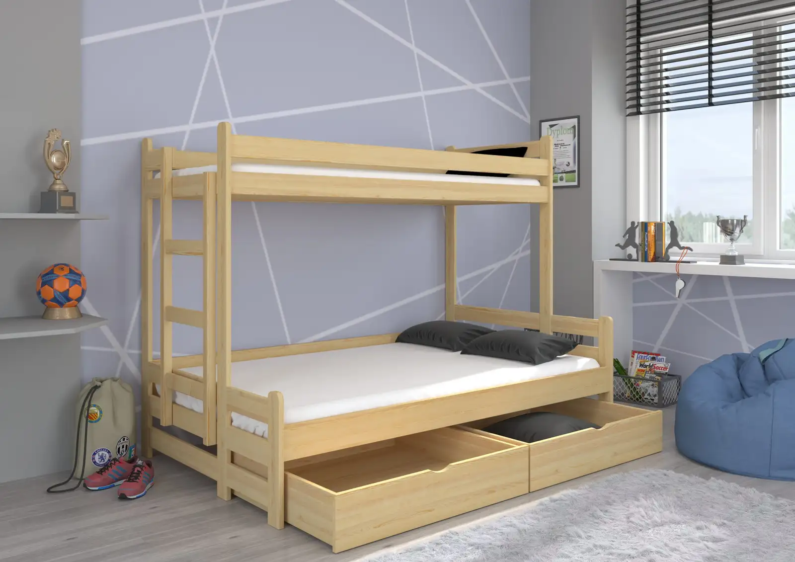 Łóżko piętrowe trzyosobowe z materacami BENITO 200x80
