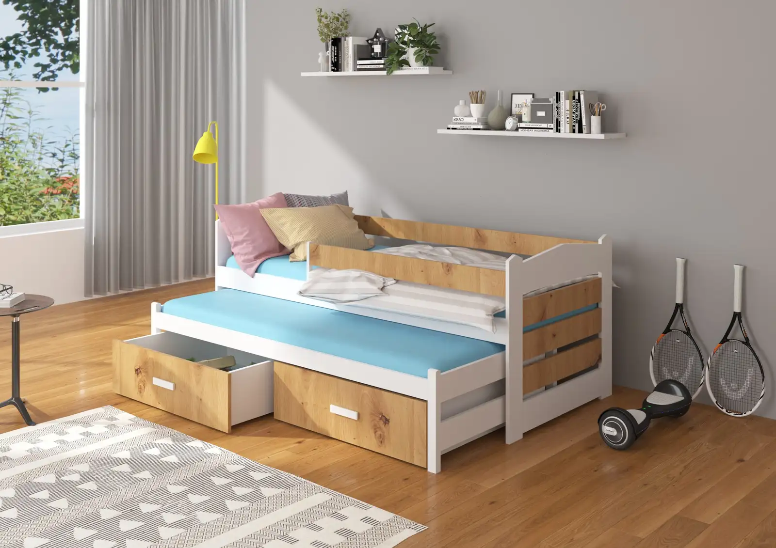 Łóżko podwójne z barierką i materacami TIARRO 180x80