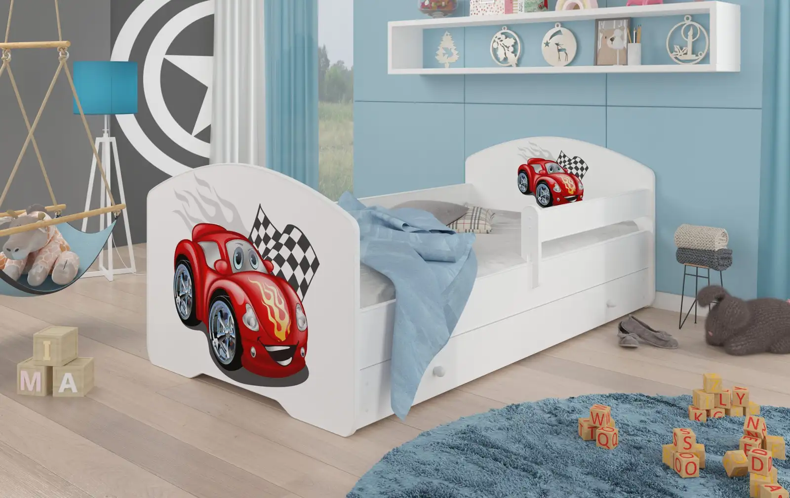 Łóżko z materacem, barierką i szufladą PEPE CAR ZIGZAG 160x80
