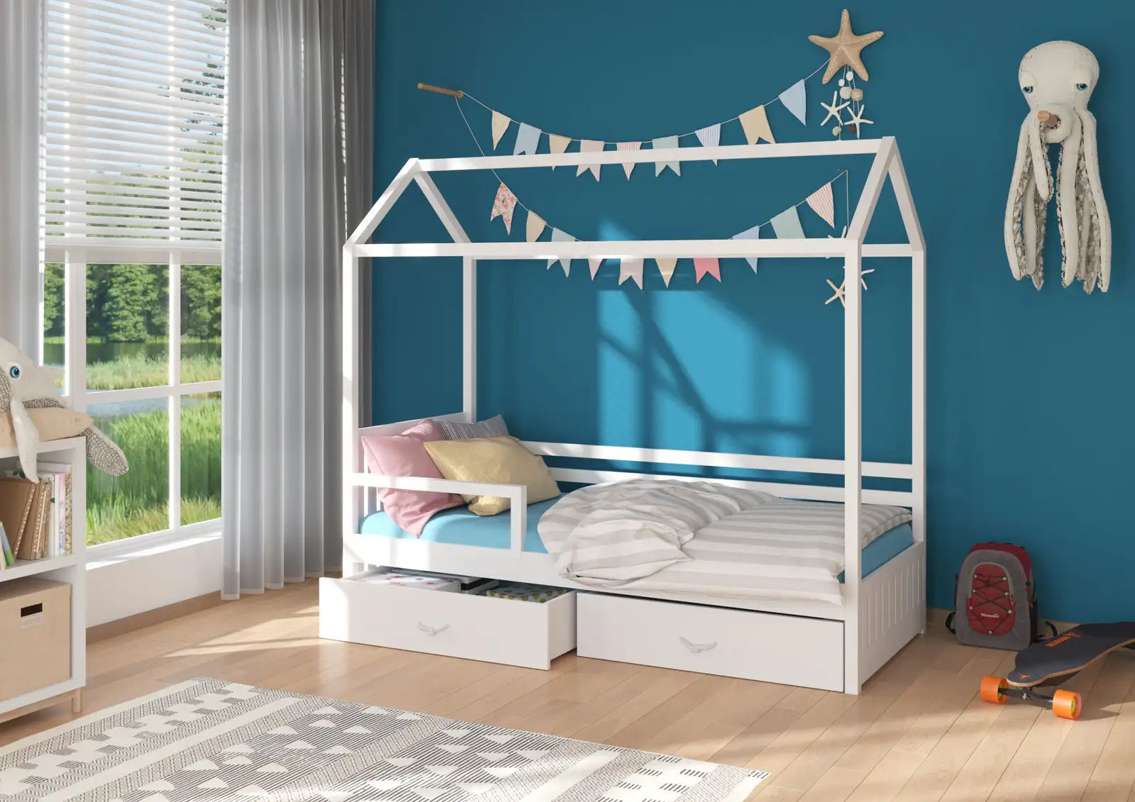 Łóżko domek z barierką i materacem ROSE 200x90