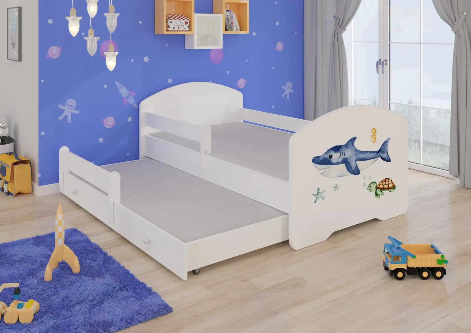 Łóżko podwójne z barierką i materacami PEPE II SEA ANIMALS 160x80