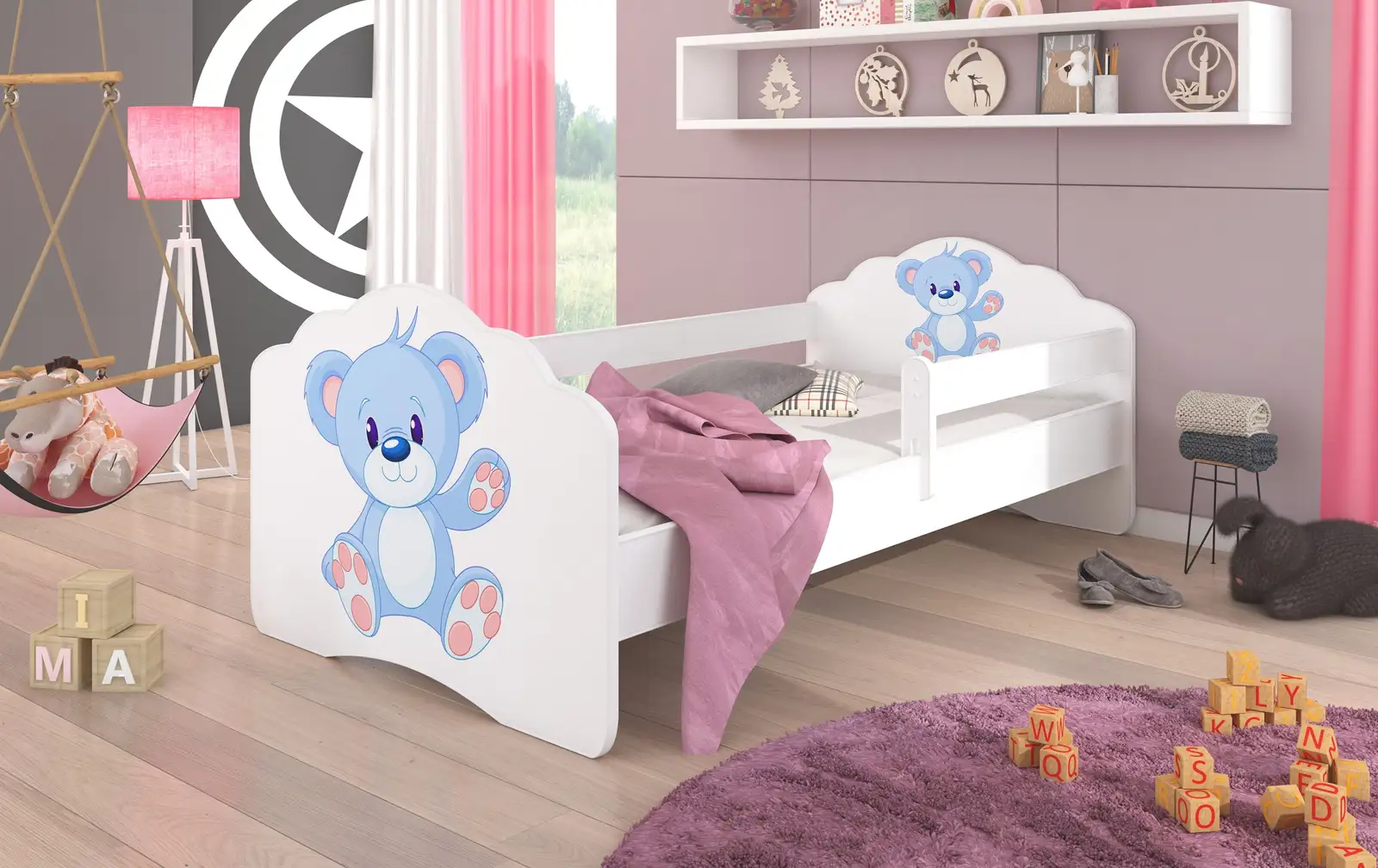 Łóżko z materacem i barierką CASIMO BLUE BEAR 160x80
