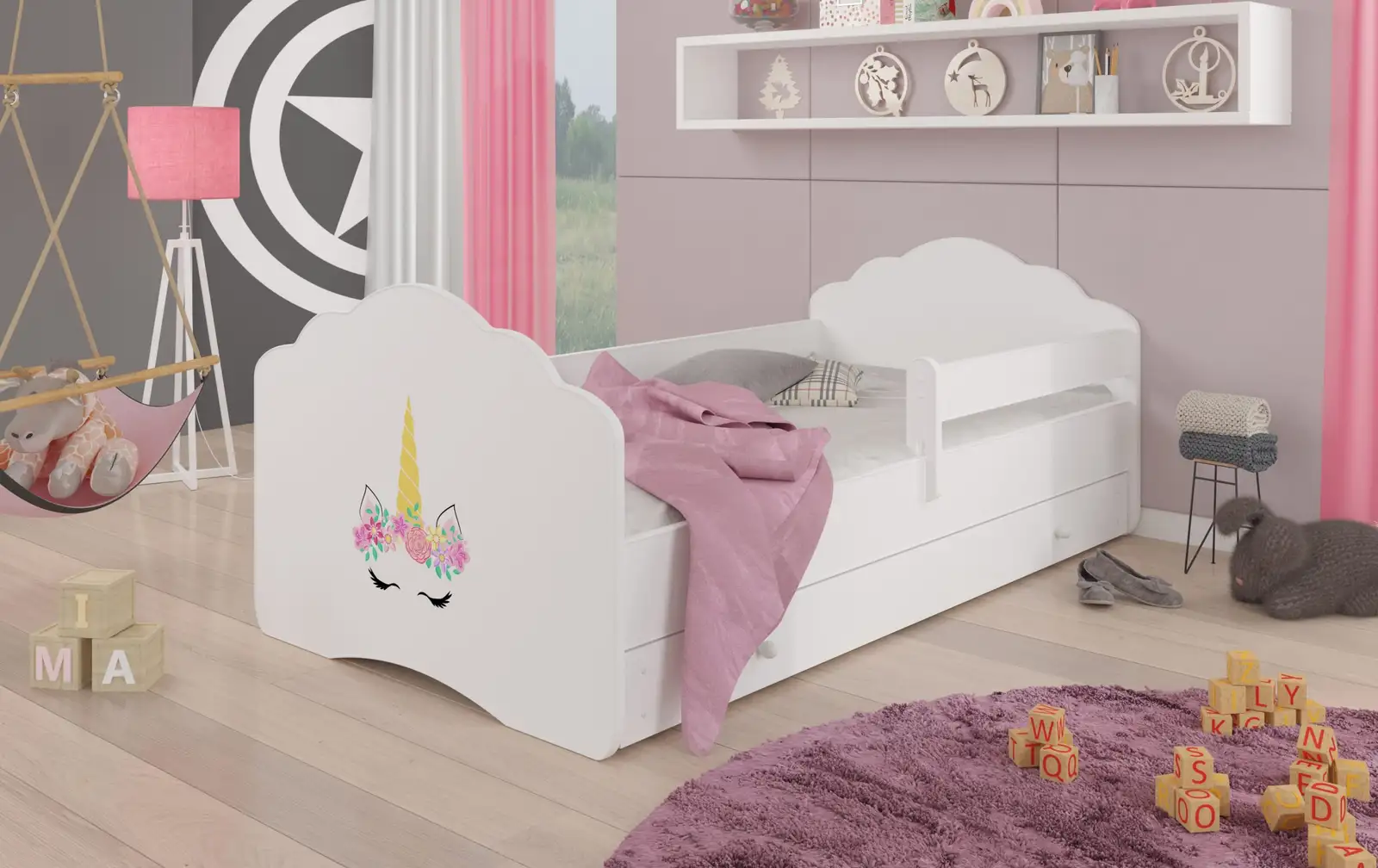 Łóżko z materacem, barierką i szufladą CASIMO UNICORN 140x70