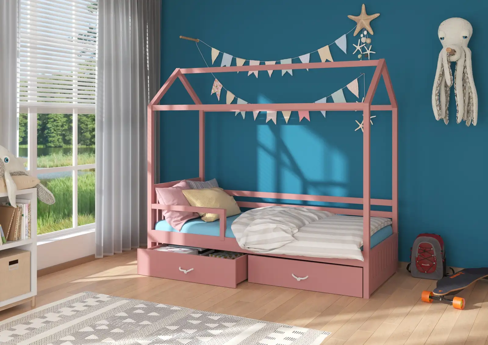 Łóżko domek z barierką i materacem ROSE 200x90
