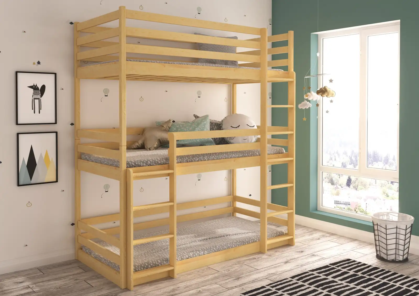 Łóżko piętrowe trzyosobowe z materacami TEDRO 180x80