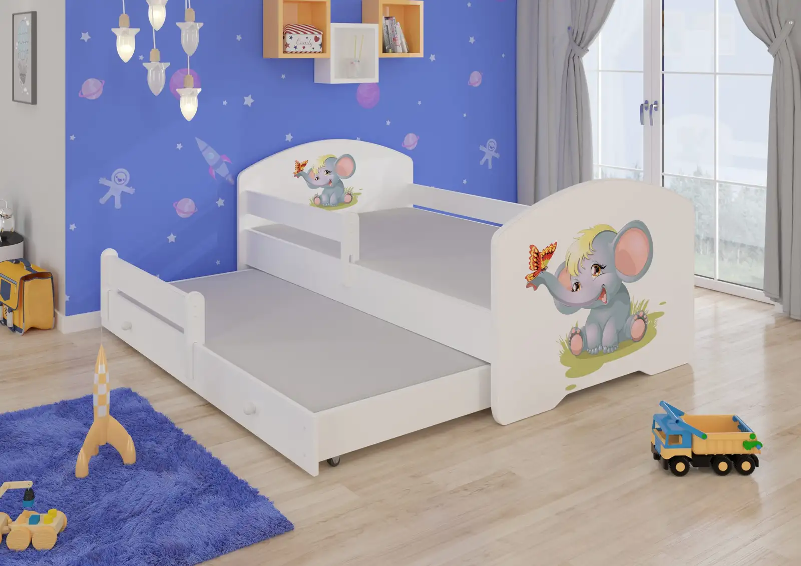 Łóżko podwójne z barierką i materacami PEPE II ELEPHANT 160x80