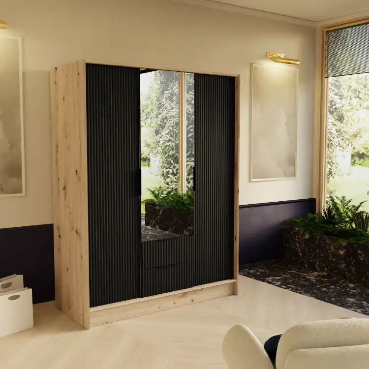 Szafa Noe ryflowana + lustro Dąb Artisan + czarny 150 Arton — 2