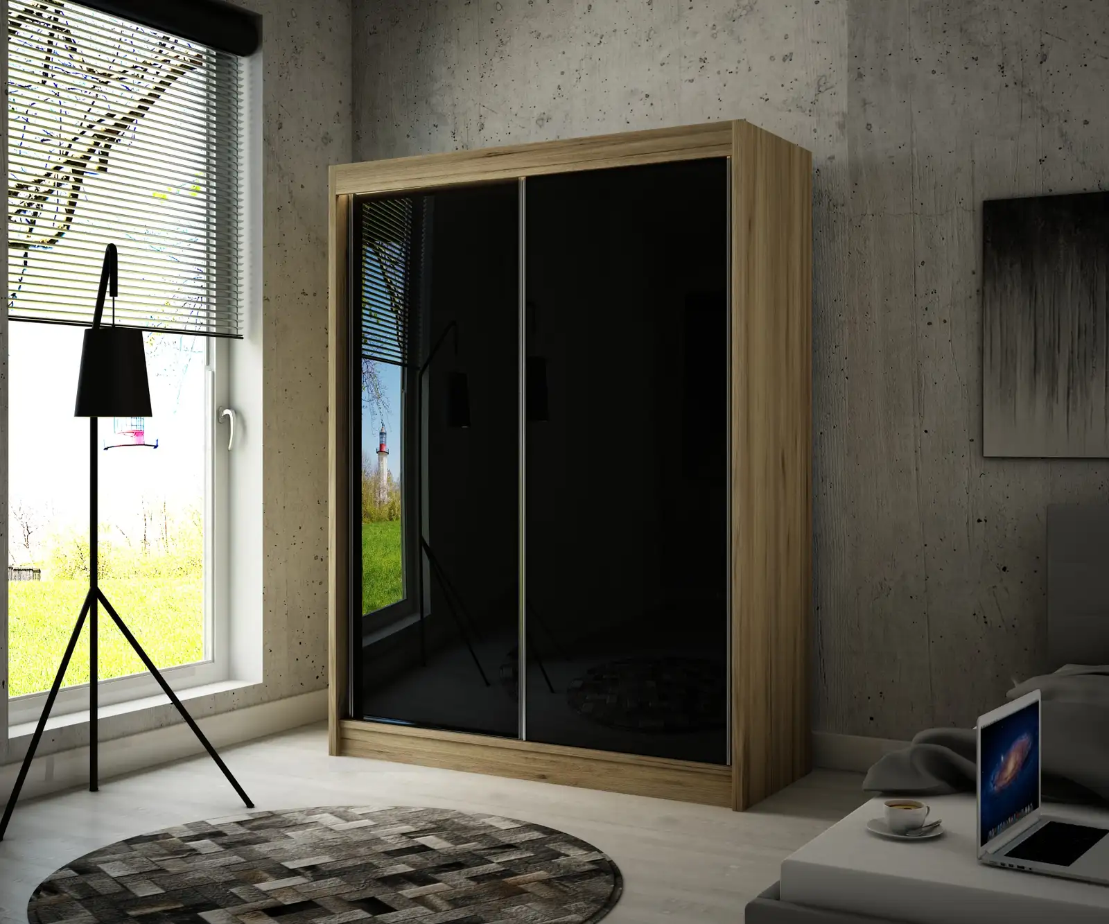 Szafa przesuwna Peak Dąb Craft Złoty K003 + lacobel czarny 150 Arton — 2