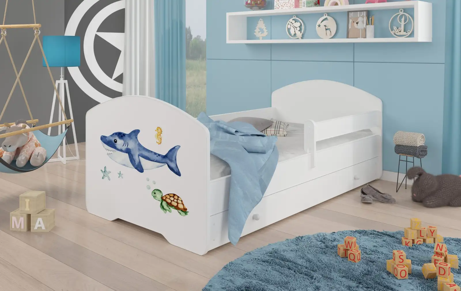 Łóżko z materacem, barierką i szufladą PEPE SEA ANIMALS 160x80