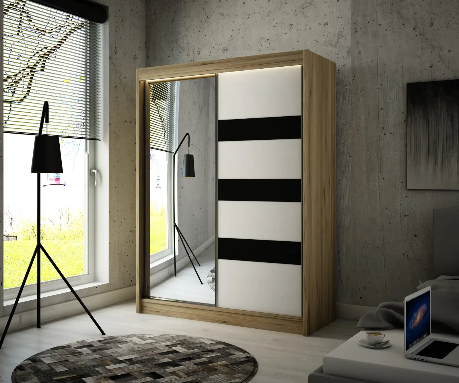 Szafa przesuwna Lotse korpus Dąb Kraft K003 + front biały + lacobel czarny 200 Arton — 2