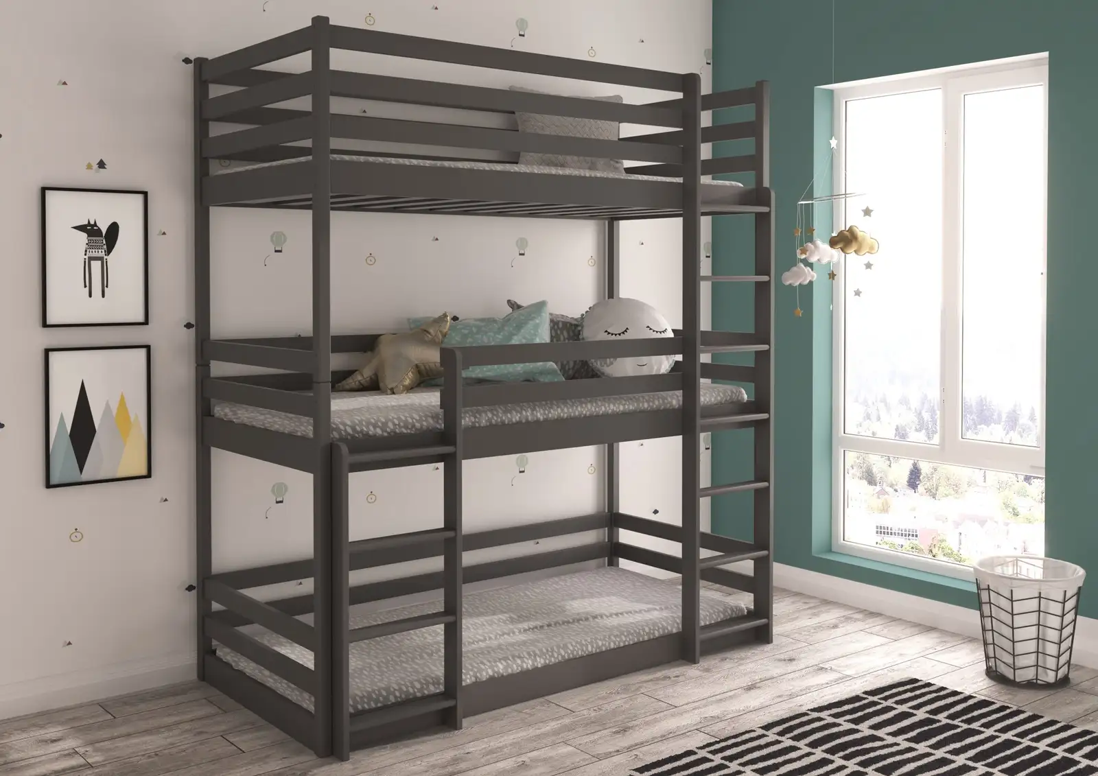 Łóżko piętrowe trzyosobowe z materacami TEDRO 180x80