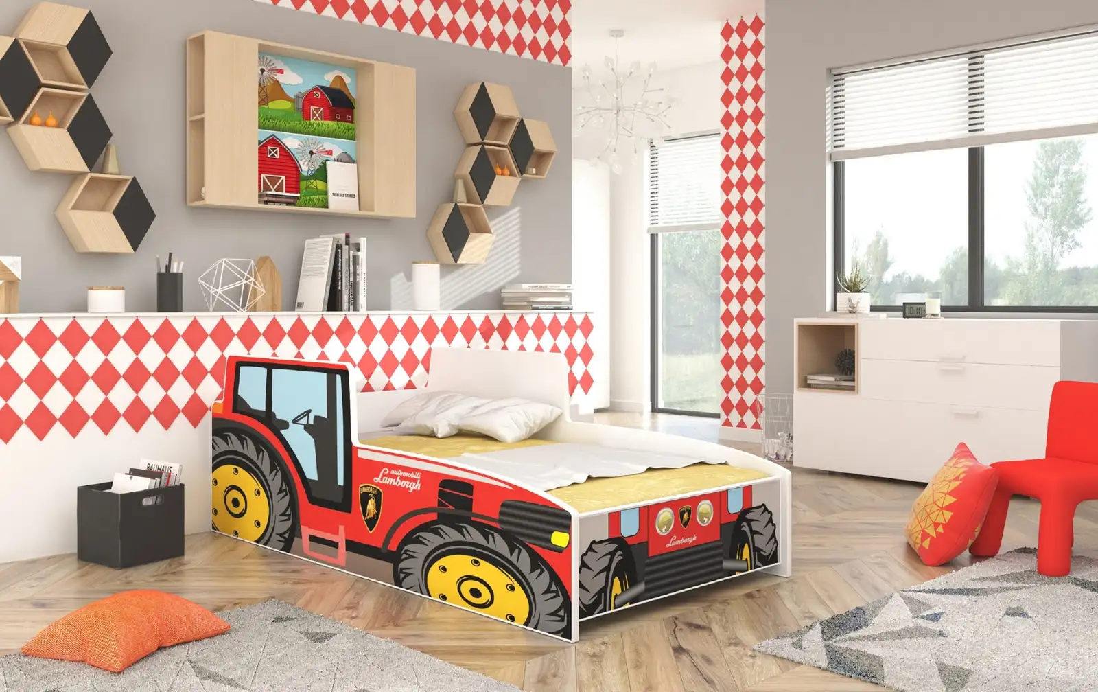 Łóżko z materacem TRACTOR RED 140x70