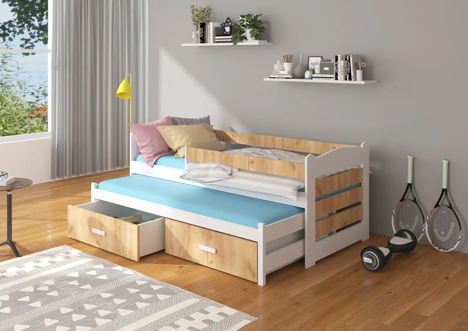 Łóżko podwójne z barierką i materacami TIARRO 180x80