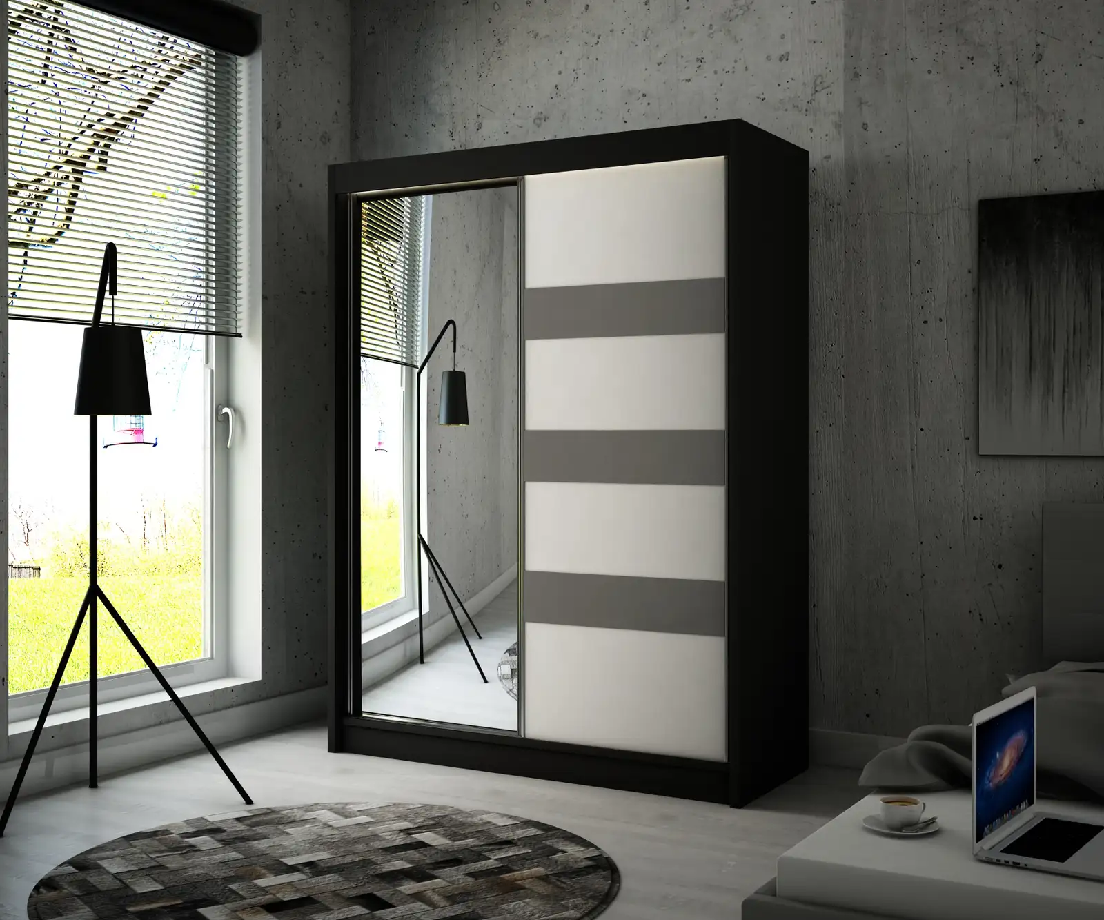 Szafa przesuwna Lotse korpus czarny + front biały + lacobel szary 150 Arton — 2