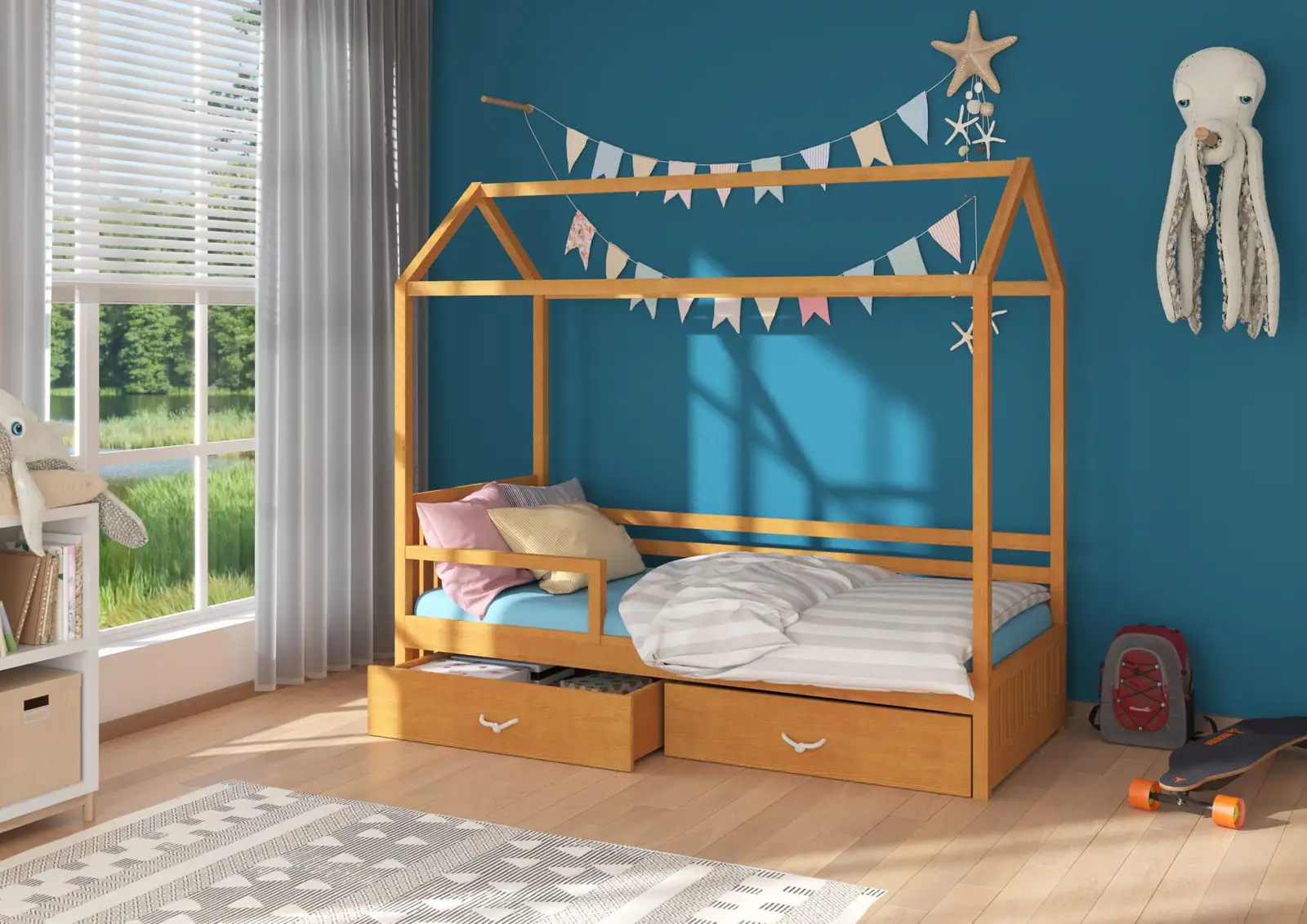 Łóżko domek z barierką i materacem ROSE 200x90