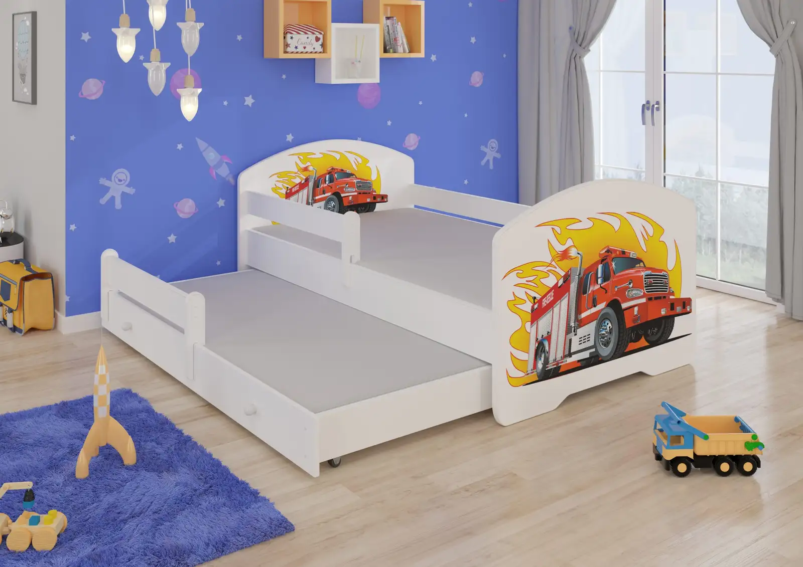 Łóżko podwójne z barierką i materacami PEPE II FIRE TRUCK 160x80