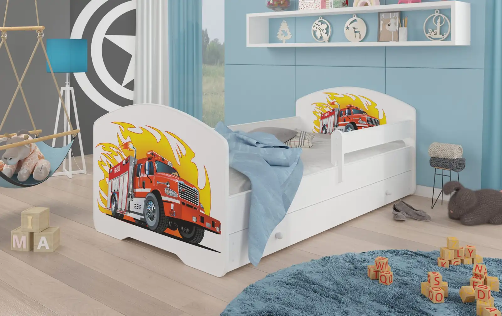 Łóżko z materacem, barierką i szufladą PEPE FIRE TRUCK 140x70