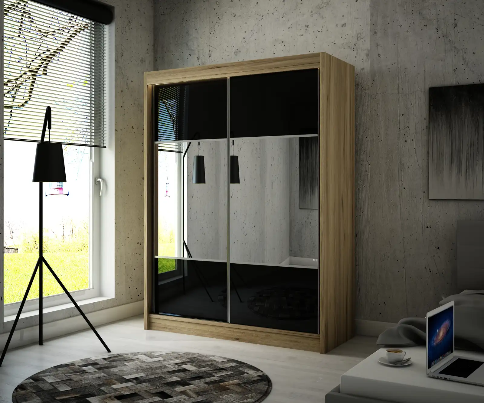 Szafa przesuwna Rico Dąb Craft złoty K003 + lacobel czarny 150 Arton — 2