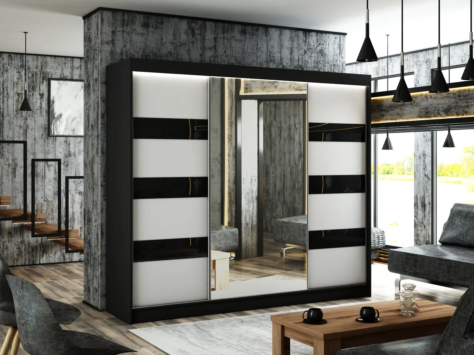 Szafa przesuwna Lotse korpus czarny + front biały + lacobel czarny 250 Arton