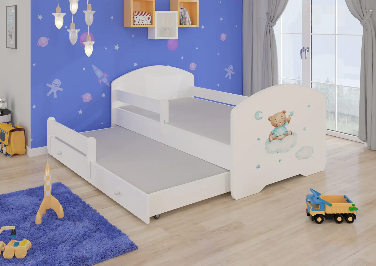 Łóżko podwójne z barierką i materacami PEPE II TEDDY BEAR AND CLOUD 160x80