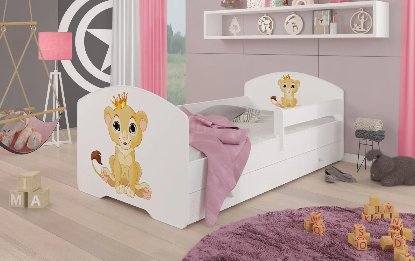 Łóżko z materacem, barierką i szufladą PEPE LION 160x80