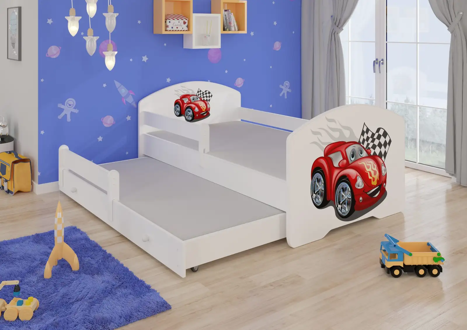 Łóżko podwójne z barierką i materacami PEPE II CAR ZIGZAG 160x80